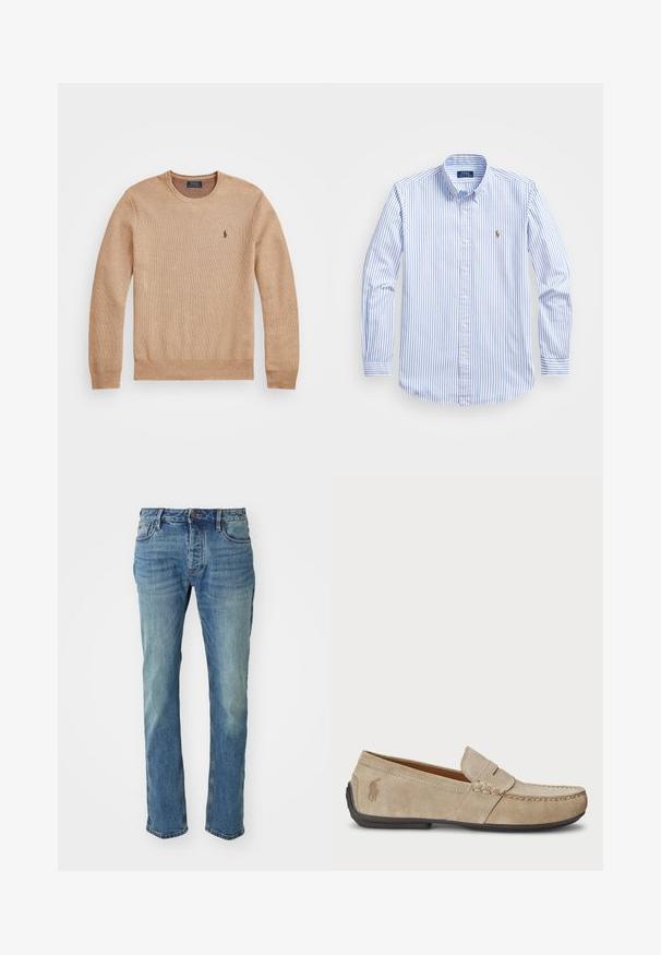 Beige kudumaterjalist sviiter, millel on ümar kaelus, soonikkoes mansetid ja põhi ning vasakul rinnal väike tikandlogoga.; Hele helesinise ja valge triibuline särk, millel on klassikaline krae, pikad varrukad ja väike tikand rinnal.; Meeste sinised denim teksad otse lõikega, millel on heledam pesu, viie-taskuline disain ja metallist nööbiklõps.; Bež sueded loafers, mille õmblustega detailide, lame kummitald ja väike logo küljel. Klassikaline libisev disain, pehme tekstuur.