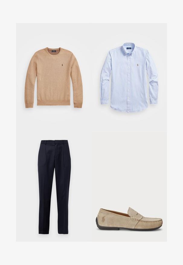 Sweater de malha bege com decote redondo, punhos e bainha canelados, e um pequeno logótipo bordado no lado esquerdo do peito.; Camisa abotoada listrada em azul claro e branco, com colarinho clássico, mangas longas e um pequeno logotipo bordado no peito.; Calças de fato azul-marinho, ajustadas, com pregas frontais, passantes para cinto e um design de perna afunilada, apresentadas sobre um fundo branco.; Mocassins de camurça beiges com um detalhe costurado, sola de borracha plana e um pequeno logotipo de lado. Design clássico de calçar, textura suave.