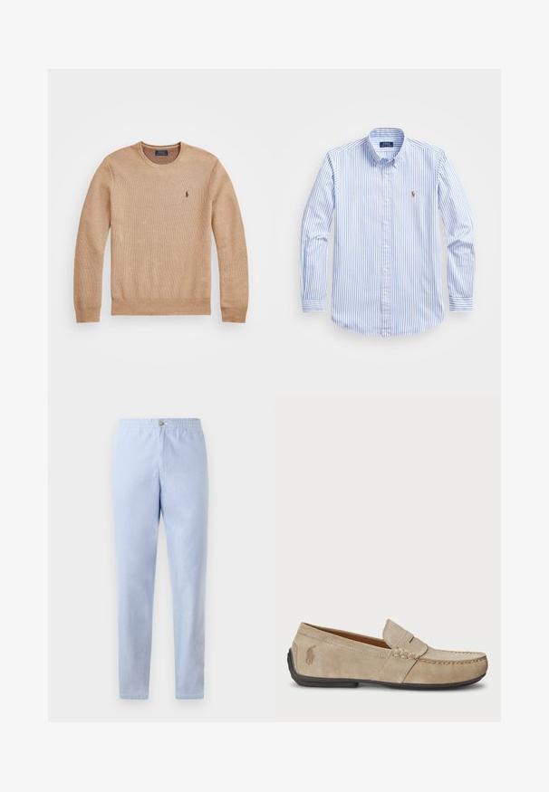 Beige kötött pulóver, kerek nyakkivágással, bordás mandzsettákkal és szegéllyel, valamint egy kis hímezett logóval a bal mellrészen.; Világoskék és fehér csíkos gombos ing klasszikus gallérral, hosszú ujjakkal, és egy apró hímzett logóval a mellkasán.; Világoskék, könnyű nadrág, rugalmas derékkal, elől gombos részletezéssel és egyenes fazonnal. Sima textúra, nincs látható minta.; Beige velúr mokaszin, varrott díszítéssel, lapos gumitalppal és kis logóval az oldalon. Klasszikus slip-on dizájn, puha tapintású.