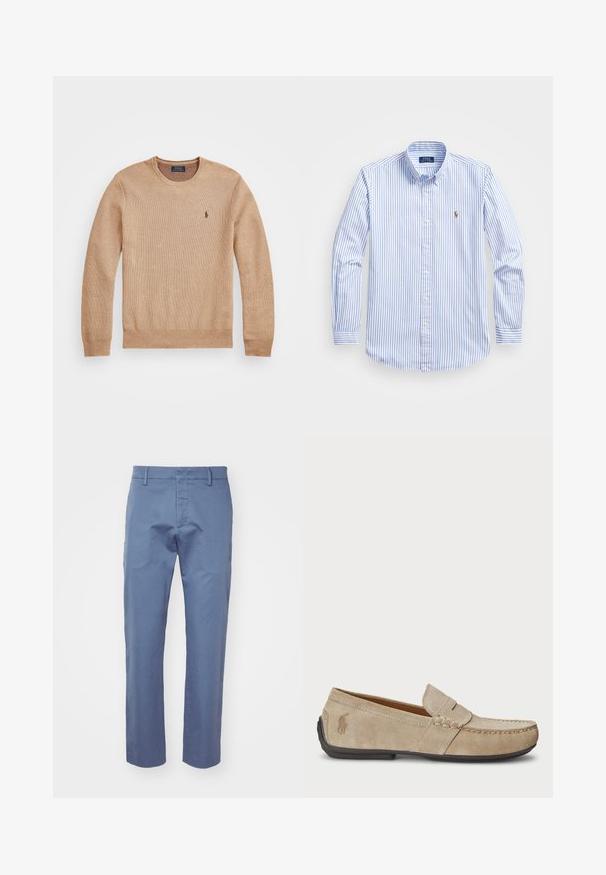 Beżowy sweter dzianinowy z okrągłym dekoltem, prążkowanymi mankietami i dołem oraz małym haftowanym logo na lewej piersi.; Jasnoniebieska i biała koszula z długim rękawem, z klasycznym kołnierzykiem, w paski, z małym haftowanym logo na piersi.; Jasnoniebieskie spodnie wykonane z gładkiego materiału, o prostym kroju, z szlufkami na pasek oraz zamkiem błyskawicznym z zapięciem na guzik. Bez wzorów czy akcentów.; Beżowe zamszowe loafersy z przeszyciem, płaską gumową podeszwą i małym logo po boku. Klasyczny model wsuwany, miękka faktura.