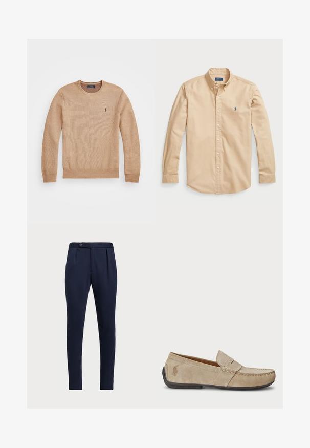 Bežový pletený sveter s okrúhlym výstrihom, rebrovanými manžetami a spodným lemom, a malým vyšitým logom na ľavej hrudi.; Svetlo béžová košeľa s gombíkmi z bavlny, ktorá má klasický golier, dlhé rukávy, biele gombíky a malé modré logo na hrudi.; Námořnické modré kalhoty na míru s plochým předním dílem, dvěma pokládanými záhyby a jednořadým knoflíkovým zapínáním, vyrobené z hladké texturované tkaniny.; Béžové semišové mokasíny s prešívaním, plochou gumenou podrážkou a malým logom na strane. Klasický dizajn na obúvanie, mäkká textúra.