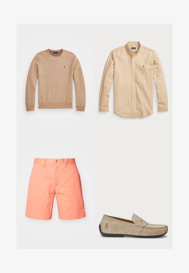 Beige strikket sweater med rund halsudskæring, ribbede manchetter og nederdel samt et lille broderet logo på venstre bryst.; Lys beige skjorte med knapper i bomuld, med klassisk krave, lange ærmer, hvide knapper og et lille blåt logo på brystet.; Ferskenfarvede bomuldsshorts med lige pasform, der har en enkelt knaplukning og opfoldede manchetter. Glat tekstur med et rent design.; Beige ruskindsloafers med syninger, flad gummisål og et lille logo på siden. Klassisk slip-on design, blød tekstur.