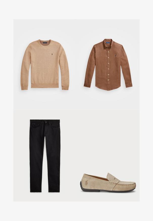 Maglione beige lavorato a maglia con scollatura rotonda, polsini e orlo a costine, e un piccolo logo ricamato sul lato sinistro del petto.; Camicia a maniche lunghe marrone, con bottoni, realizzata in lino, caratterizzata da un colletto classico, bottoni frontali e un piccolo logo blu sul petto.; Jeans neri in denim, caratterizzati da un classico design a cinque tasche, chiusura con bottone e taglio dritto con una texture liscia e uniforme.; Mocassini in suede beige con dettaglio cucito, suola piatta in gomma e piccolo logo sul lato. Design classico slip-on, texture morbida.