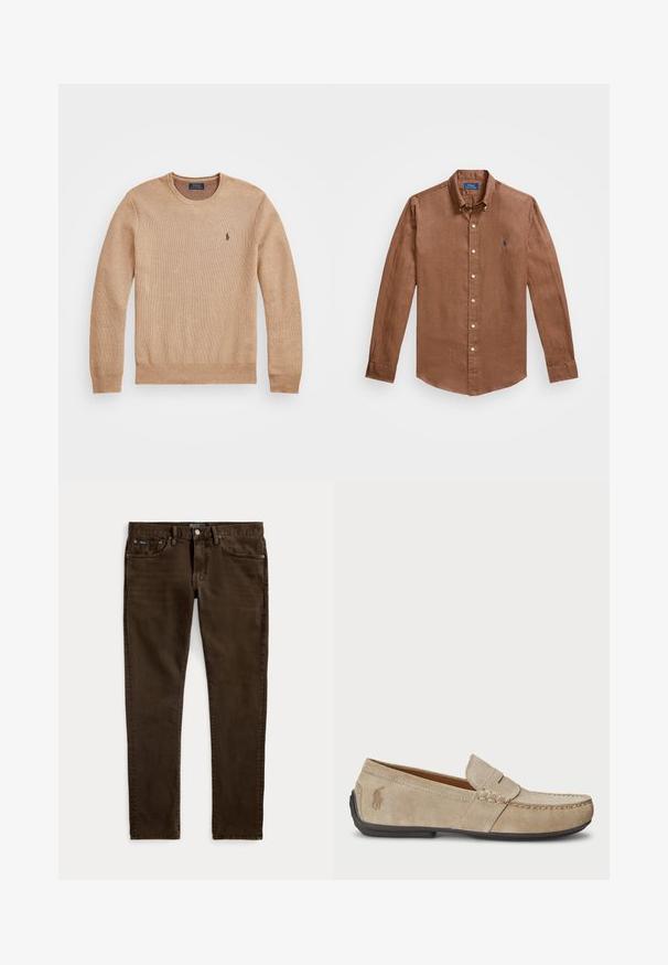 Sweater de malha bege com decote redondo, punhos e bainha canelados, e um pequeno logótipo bordado no lado esquerdo do peito.; Camisa de botão de mangas longas, castanha, feita de linho, com um colarinho clássico, botões na parte frontal e um pequeno logo azul no peito.; Calças jeans castanho-escuro de corte slim, com cinco bolsos, fecho de botão e zipper, e etiquetas visíveis da marca Polo no cós e no bolso frontal.; Mocassins de camurça beiges com um detalhe costurado, sola de borracha plana e um pequeno logotipo de lado. Design clássico de calçar, textura suave.