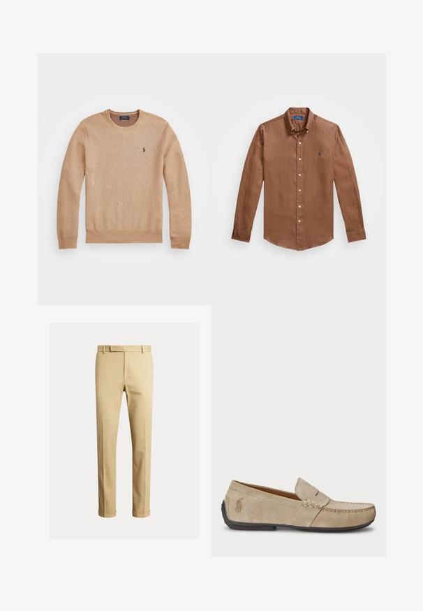 Beżowy sweter dzianinowy z okrągłym dekoltem, prążkowanymi mankietami i dołem oraz małym haftowanym logo na lewej piersi.; Brązowa koszula z długim rękawem zapinana na guziki, wykonana z lnu, z klasycznym kołnierzykiem, guzikami z przodu oraz małym niebieskim logo na piersi.; Khaki chinos wykonane z gładkiej bawełnianej tkaniny, charakteryzujące się dopasowanym krojem, fałdami z przodu oraz mankietami przy kostkach dla zwężonego wyglądu.; Beżowe zamszowe loafersy z przeszyciem, płaską gumową podeszwą i małym logo po boku. Klasyczny model wsuwany, miękka faktura.