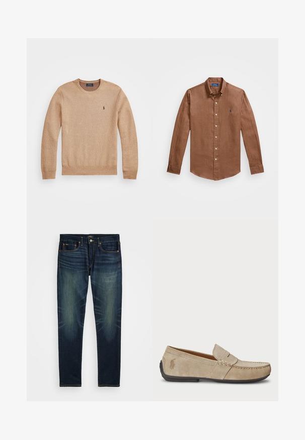 Bež pleteni pulover z okroglo izrezom, rebrastimi manšeti in robom ter majhnim vezenim logotipom na levi prsni strani.; Rjava srajca z dolgimi rokavi in gumbi, izdelana iz lanu, z klasičnim ovratnikom, sprednjimi gumbi in majhnim modrim logotipom na prsih.; Temno modri kavbojke s ožjim krojem, ki imajo kontrastno šivanje in subtilne nahrbtnik. Imajo štiri žepe in zadrgo.; Bež nubuk loafers s šivano podrobnostjo, ravnim gumijastim podplatom in majhnim logotipom ob strani. Klasična zasnova za enostavno obuvanje, mehak material.