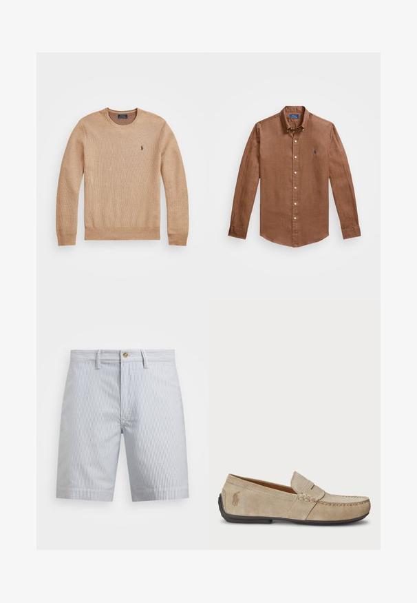Béžový pletený svetr s kulatým výstřihem, žebrovanými manžetami a lemem a malým vyšitým logem na levém prsu.; Hnědá košile s dlouhým rukávem a knoflíky vpředu, vyrobená z lnu, s klasickým límcem a malým modrým logem na hrudi.; Pruhované šortky v světle modré a bílé barvě. Vyrobené z bavlny, s knoflíkovým uzavřením, bočními kapsami a rovnou spodní částí.; Béžové semišové mokasíny se šitým detailem, plochou gumovou podrážkou a malým logem na boku. Klasický design na klín, měkká textura.