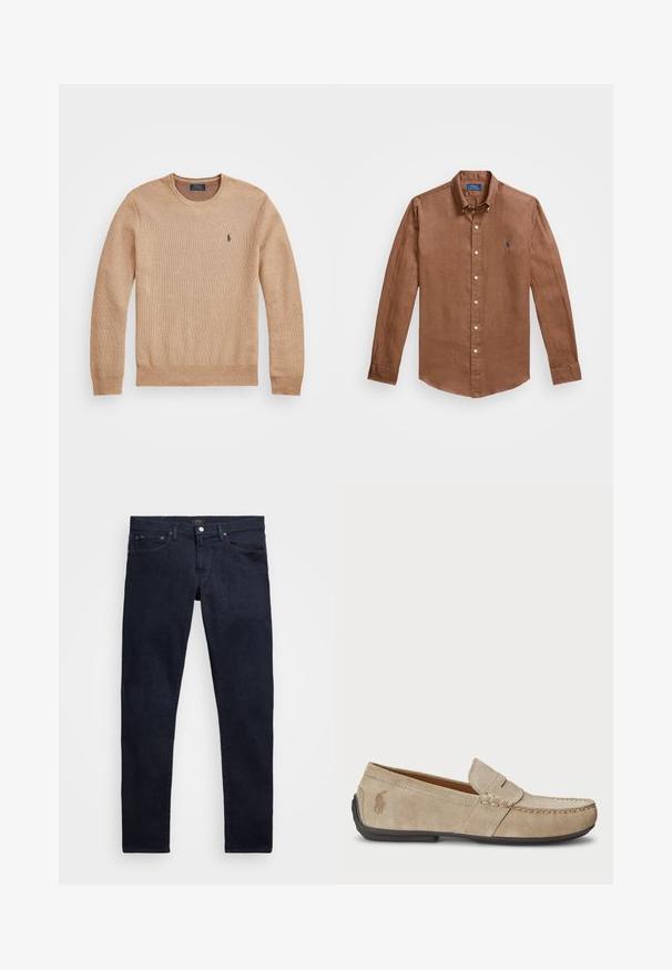 Bežani pleteni pulover s okruglim izrezom, rebrastim rukavima i donjim rubom te malim izvezenim logom na lijevoj strani prsnog koša.; Smeđi dugi rukavi košulja s gumbima napravljena od lana, s klasičnom ovratnikom, prednjim gumbima i malim plavim logom na prsima.; Tamno plave uske traperice sa zatvaranjem na dugme i patentni zatvarač, petlje za remen, prednjim i stražnjim džepovima, položene na bijeloj podlozi.; Bež suknjeni mokasini s prošivom, ravnim gumiranim potplatom i malim logotipom sa strane. Klasičan dizajn za jednostavno obuvanje, mekana textura.