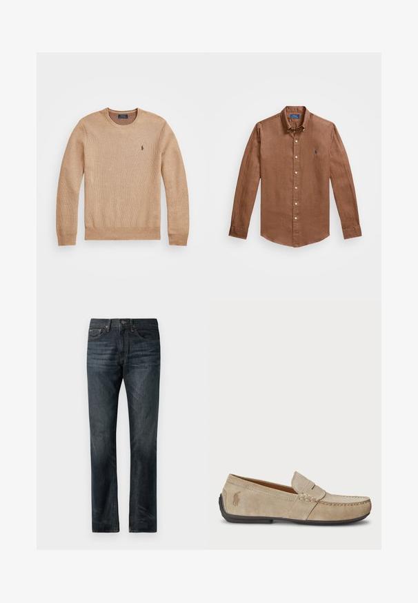 Μπεζ πλεκτό πουλόβερ με στρογγυλή λαιμόκοψη, ριμπ μανσέτες και στρίφωμα, καθώς και ένα μικρό κεντημένο λογότυπο στο αριστερό στήθος.; Καφέ πουκαμίσα με μακριά μανίκια, φτιαγμένη από λινό, που διαθέτει κλασικό γιακά, μπροστινά κουμπιά και ένα μικρό μπλε λογότυπο στο στήθος.; Σκούρο μπλε τζιν παντελόνι με κανονική γραμμή, διαθέτοντας κλασικό σχέδιο πέντε τσαντών και ασημένια ραφή.; Μπεζ σουέτ μοκασίνια με ραμμένο σχέδιο, επίπεδη καουτσούκ σόλα και μικρό λογότυπο στο πλάι. Κλασικός σχεδιασμός που φοριέται εύκολα, μαλακή υφή.