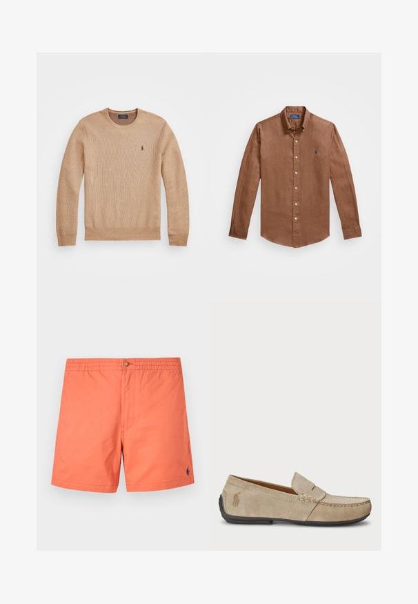 Beige Strickpullover mit Rundhalsausschnitt, gerippten Bündchen und Saum sowie einem kleinen gestickten Logo auf der linken Brust.; Braunes Langarm-Hemd mit Knöpfen aus Leinen, mit einem klassischen Kragen, Frontknöpfen und einem kleinen blauen Logo auf der Brust.; Korallenorange Badehose aus leichtem Material, mit einem elastischen Bund und einem Knopf, seitlichen Taschen und einem kleinen marineblauen Logo.; Beige Wildleder Slipper mit gesticktem Detail, flacher Gummisohle und kleinem Logo an der Seite. Klassisches Slip-On-Design, weicher Textur.