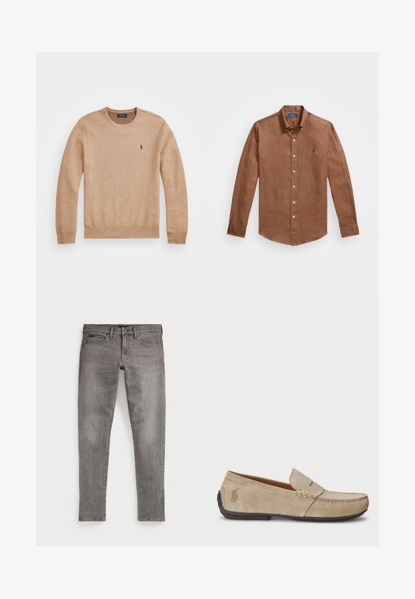 Bežinis mezginys megztinis su apvaliu iškirpimu, suplėštais rankogaliais ir apačia, bei mažas siuvinėtas logotipas kairėje krūtinės pusėje.; Rudas ilgas rankovėmis marškiniai, pagaminti iš lininio audinio, su klasikiniu apykakle, priekyje esančiais mygtukais ir mažu mėlynu logotipu ant krūtinės.; Pilki džinsai, siauro kirpimo, su tiesiomis kojomis. Turintys klasikinį penkių kišenėlių dizainą, siuvimo detales ir šiek tiek nublukintą tekstūrą.; Beige zomšos loaferiai su siuvinėjimo detale, plokščiu guminio pado, ir mažuoju logotipu šone. Klasikinis priglaudimo dizainas, minkšta tekstūra.