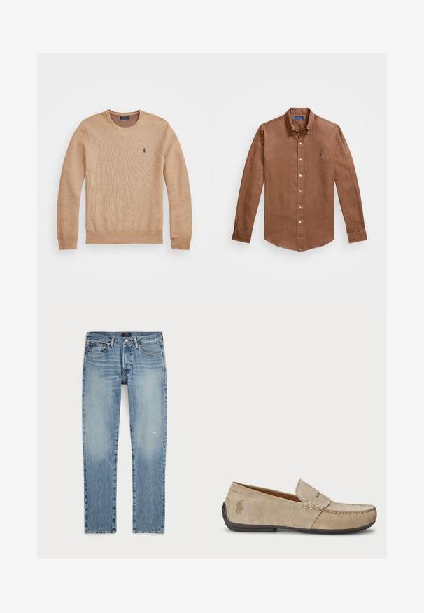 Sweater de malha bege com decote redondo, punhos e bainha canelados, e um pequeno logótipo bordado no lado esquerdo do peito.; Camisa de botão de mangas longas, castanha, feita de linho, com um colarinho clássico, botões na parte frontal e um pequeno logo azul no peito.; Jeans de denim azul claro com corte reto, apresentando um efeito desbotado, leve desgaste à frente e design padrão de cinco bolsos.; Mocassins de camurça beiges com um detalhe costurado, sola de borracha plana e um pequeno logotipo de lado. Design clássico de calçar, textura suave.