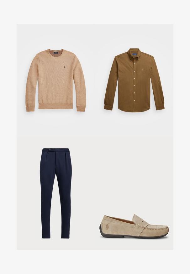 Beige kötött pulóver, kerek nyakkivágással, bordás mandzsettákkal és szegéllyel, valamint egy kis hímezett logóval a bal mellrészen.; Barna, hosszú ujjú, gombos ing, amely pamutból készült. Gallérral, gombos elülső zárással rendelkezik, és a mellkasán egy apró hímzett logó található.; Tengerészeti kék, testreszabott nadrág, lapos elejű, két elülső pliszével és egy gombos záródással, sima, textúrált anyaggal.; Beige velúr mokaszin, varrott díszítéssel, lapos gumitalppal és kis logóval az oldalon. Klasszikus slip-on dizájn, puha tapintású.