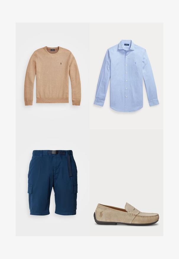Beige knit sweater featuring a round neckline, ribbed cuffs and hem, and a small embroidered logo on the left chest.; Light blue button-up shirt with a checkered pattern, long sleeves, a pointed collar, and a small embroidered logo on the chest.; Navy blue cargo shorts made of lightweight fabric, featuring a belted waist, side pockets, and a subtle texture.; Beige suede loafers with a stitched detail, flat rubber sole, and a small logo on the side. Classic slip-on design, soft texture.
