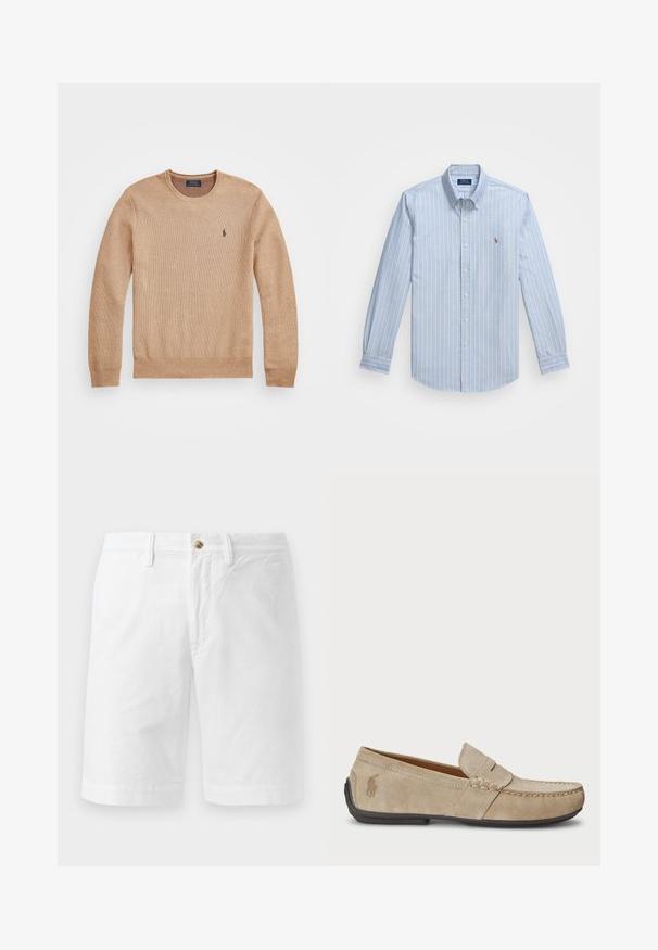 Sweater de malha bege com decote redondo, punhos e bainha canelados, e um pequeno logótipo bordado no lado esquerdo do peito.; Camisa de botão em azul claro com finas riscas brancas, feita de algodão. Apresenta um colarinho italiano e um pequeno logótipo bordado no peito.; Bermudas brancas de algodão com um corte relaxado, apresentando uma fecho frontal com botão, passadores de cinto e um design plano na frente. Textura suave e corte até ao joelho.; Mocassins de camurça beiges com um detalhe costurado, sola de borracha plana e um pequeno logotipo de lado. Design clássico de calçar, textura suave.