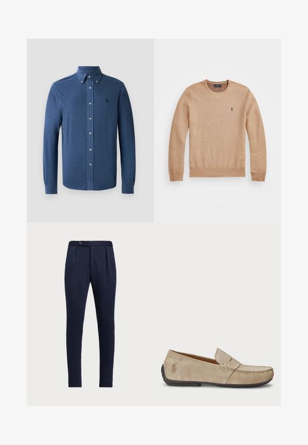 Bežinis mezginys megztinis su apvaliu iškirpimu, suplėštais rankogaliais ir apačia, bei mažas siuvinėtas logotipas kairėje krūtinės pusėje.; Mėlyna ilgomis rankovėmis marškinėlių chemizė, pagaminta iš minkštos medžiagos, su struktūrizuota apykakle ir vienu siuvinėtu logotipu ant krūtinės.; Tamsiai mėlynos pritaikytos kelnės su lygia priekine dalimi, dviem priekinių raukšlių ir vienu mygtuko užsegimu, pagamintos iš lygaus, tekstūruoto audinio.; Beige zomšos loaferiai su siuvinėjimo detale, plokščiu guminio pado, ir mažuoju logotipu šone. Klasikinis priglaudimo dizainas, minkšta tekstūra.