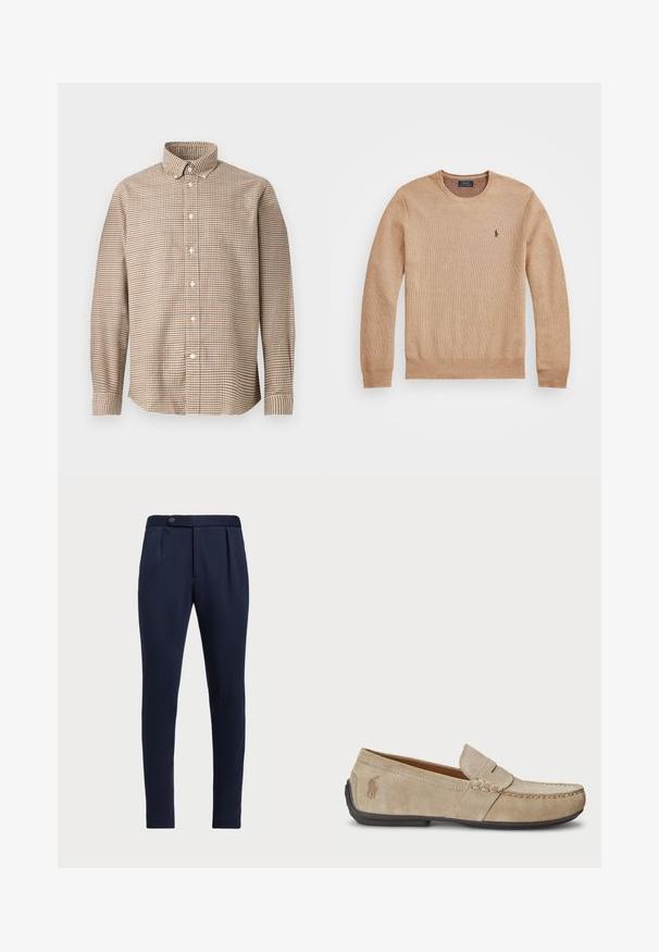 Beige strikkegenser med rund hals, ribbestrikkede mansjetter og kant, samt en liten brodert logo på venstre bryst.; Beige og brun rutete langermet skjorte med krage og knepp, vist på en ensfarget bakgrunn, frontvinkel.; Marineblå skreddersydde bukser med flat front, to frontfolder og en enkelt knappelukking, med et glatt, teksturert stoff.; Beige mokasiner i semsket skinn med en sydd detalj, flat gummisåle og en liten logo på siden. Klassisk slip-on-design, myk tekstur.