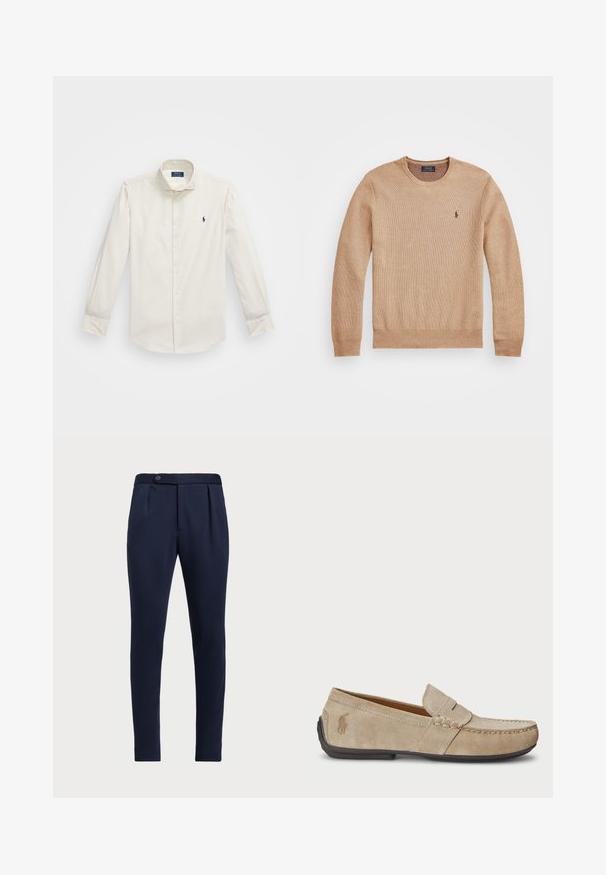 Bež pleteni pulover z okroglo izrezom, rebrastimi manšeti in robom ter majhnim vezenim logotipom na levi prsni strani.; Bela dolga majica z dolgimi rokavi iz bombaža, z ovratnikom na gumb, enim prsním žepom in majhnim mornarsko modrim logotipom na levi strani.; Temno modri hlače po meri z ravnim sprednjim delom, dvema sprednjima pregiboma in z enim gumbom za zapiranje, iz gladkega teksturiranega materiala.; Bež nubuk loafers s šivano podrobnostjo, ravnim gumijastim podplatom in majhnim logotipom ob strani. Klasična zasnova za enostavno obuvanje, mehak material.