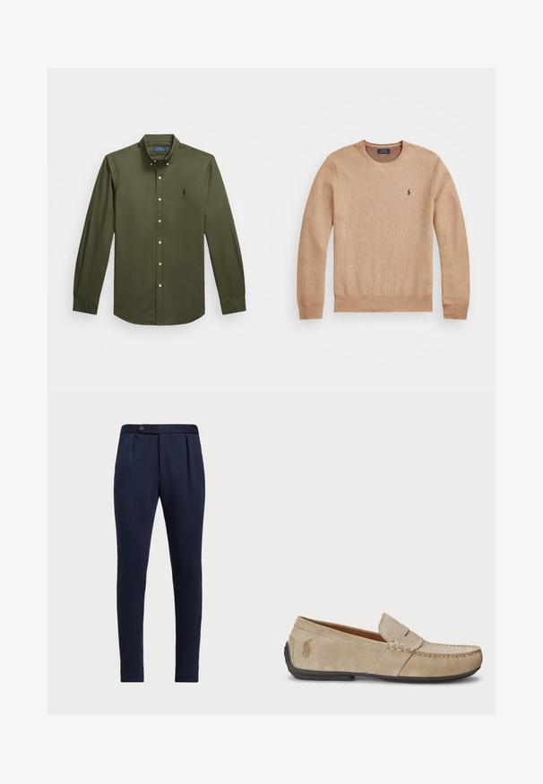 Beige strikkegenser med rund hals, ribbestrikkede mansjetter og kant, samt en liten brodert logo på venstre bryst.; Olivenfarget langermet skjorte med knapp. Krage-design med en subtil brodert logo og standard knappelukking foran.; Marineblå skreddersydde bukser med flat front, to frontfolder og en enkelt knappelukking, med et glatt, teksturert stoff.; Beige mokasiner i semsket skinn med en sydd detalj, flat gummisåle og en liten logo på siden. Klassisk slip-on-design, myk tekstur.