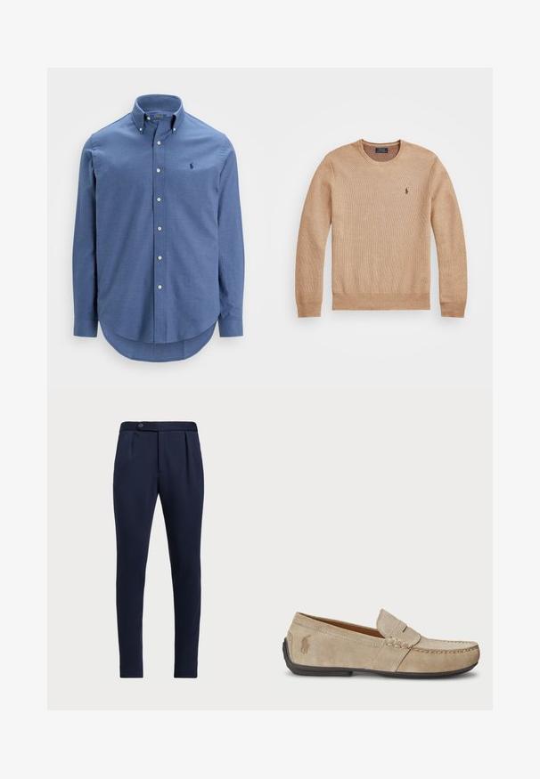 Sweater de malha bege com decote redondo, punhos e bainha canelados, e um pequeno logótipo bordado no lado esquerdo do peito.; Camisa de botão em algodão azul-claro, com colarinho clássico, mangas longas e um pequeno logótipo bordado no peito.; Calças ajustadas azul-marinho com frente lisa, duas pregas frontais e fecho de botão único, apresentando um tecido liso e texturizado.; Mocassins de camurça beiges com um detalhe costurado, sola de borracha plana e um pequeno logotipo de lado. Design clássico de calçar, textura suave.