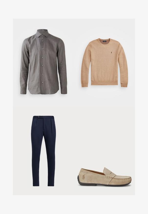 Bežinis mezginys megztinis su apvaliu iškirpimu, suplėštais rankogaliais ir apačia, bei mažas siuvinėtas logotipas kairėje krūtinės pusėje.; Ilgomis rankovėmis pilkas lina marškiniai su mygtukais ant apykaklės, priekiniais mygtukais ir lygiu paviršiumi. Šiek tiek glamžytas apdaila.; Tamsiai mėlynos pritaikytos kelnės su lygia priekine dalimi, dviem priekinių raukšlių ir vienu mygtuko užsegimu, pagamintos iš lygaus, tekstūruoto audinio.; Beige zomšos loaferiai su siuvinėjimo detale, plokščiu guminio pado, ir mažuoju logotipu šone. Klasikinis priglaudimo dizainas, minkšta tekstūra.