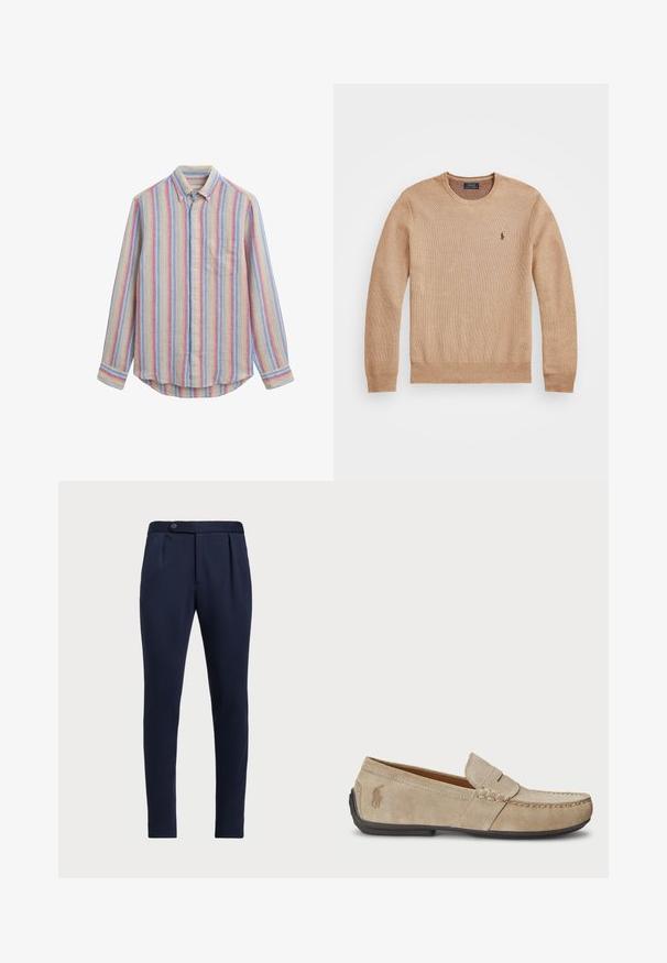 Vaahtokarkkien värinen neulepusero, jossa on pyöreä kaula-aukko, ribbatut hihansuut ja helma sekä pieni brodeerattu logo vasemmassa rinnassa.; Raidallinen nappikauluspaita, jossa on pehmeä kangas sinisen, keltaisen ja punaisen sävyissä. sisältää yhden rintataskun ja klassisen kauluksen.; Navy siniset räätälöidyt housut, joissa on tasainen etu, kaksi etupuolelle ommeltua laskosta ja yksi nappisulku, valmistettu sileästä, teksturoidusta kankaasta.; Beige mokasíny z semišu s prešívaním, plochou gumovou podrážkou a malým logom na boku. Klasický dizajn na obutie, jemná textúra.