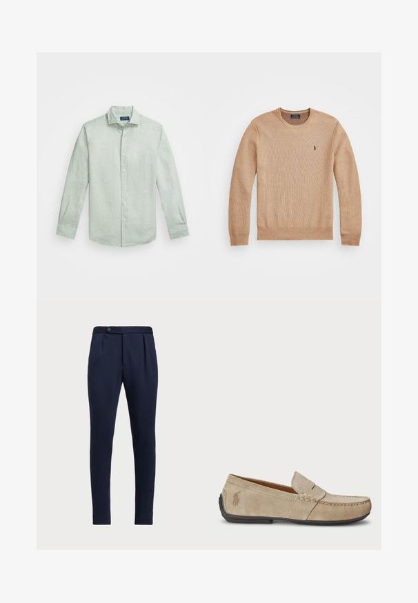 Sweater de malha bege com decote redondo, punhos e bainha canelados, e um pequeno logótipo bordado no lado esquerdo do peito.; Camisa botão verde-claro com um pequeno padrão de bolinhas brancas, colarinho clássico, mangas longas e bainha arredondada.; Calças ajustadas azul-marinho com frente lisa, duas pregas frontais e fecho de botão único, apresentando um tecido liso e texturizado.; Mocassins de camurça beiges com um detalhe costurado, sola de borracha plana e um pequeno logotipo de lado. Design clássico de calçar, textura suave.