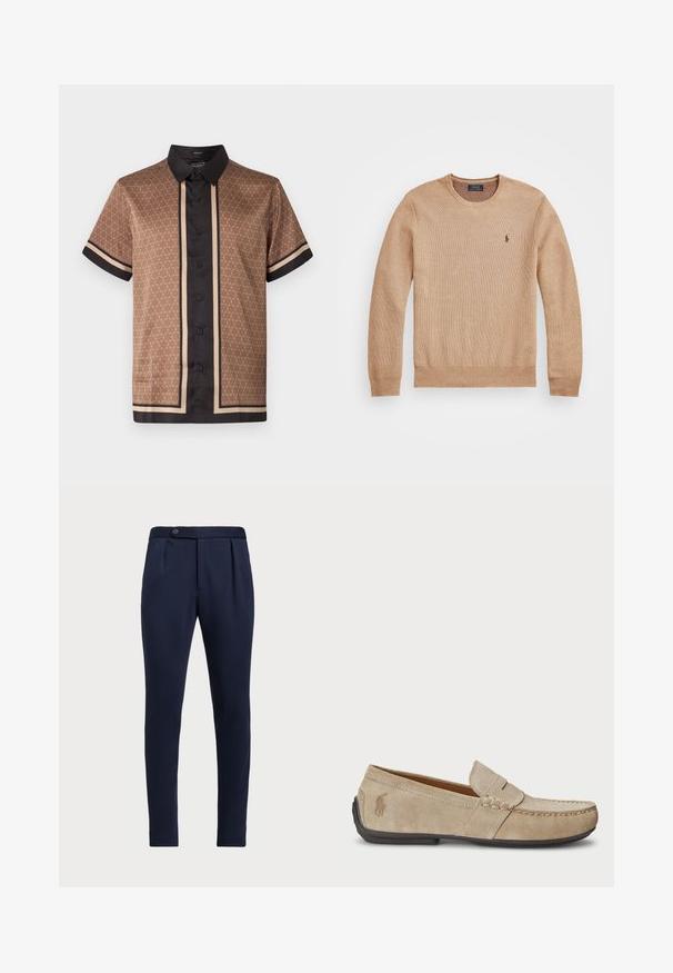 Maglione beige lavorato a maglia con scollatura rotonda, polsini e orlo a costine, e un piccolo logo ricamato sul lato sinistro del petto.; Camicetta marrone a maniche corte con colletto nero, chiusura a bottoni, motivo geometrico a cerchi e rifiniture strisce nere e beige su maniche e pannello frontale.; Pantaloni eleganti blu navy con fronte piatto, due pince anteriori e chiusura con un bottone, realizzati in un tessuto liscio e con una texture.; Mocassini in suede beige con dettaglio cucito, suola piatta in gomma e piccolo logo sul lato. Design classico slip-on, texture morbida.