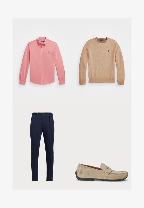 Beżowy sweter dzianinowy z okrągłym dekoltem, prążkowanymi mankietami i dołem oraz małym haftowanym logo na lewej piersi.; Jasnoróżowa, długorękawowa koszula zapinana na guziki z bawełny, z kołnierzykiem w kształcie spiczastym, z małym niebieskim logo na lewej piersi.; Granatowe eleganckie spodnie z płaskim przodem, dwoma fałdami z przodu i pojedynczym zapięciem na guzik, wykonane z gładkiego, teksturowanego materiału.; Beżowe zamszowe loafersy z przeszyciem, płaską gumową podeszwą i małym logo po boku. Klasyczny model wsuwany, miękka faktura.