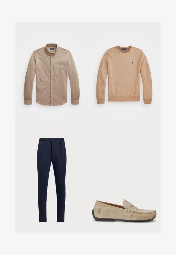 Bežinis mezginys megztinis su apvaliu iškirpimu, suplėštais rankogaliais ir apačia, bei mažas siuvinėtas logotipas kairėje krūtinės pusėje.; Šviesiai rudas ilgarankovis marškinėliai su apykakle ir mygtukų užsegimu, su mažai siuvinėtu logotipu ant krūtinės ir lygia audinio tekstūra.; Tamsiai mėlynos pritaikytos kelnės su lygia priekine dalimi, dviem priekinių raukšlių ir vienu mygtuko užsegimu, pagamintos iš lygaus, tekstūruoto audinio.; Beige zomšos loaferiai su siuvinėjimo detale, plokščiu guminio pado, ir mažuoju logotipu šone. Klasikinis priglaudimo dizainas, minkšta tekstūra.