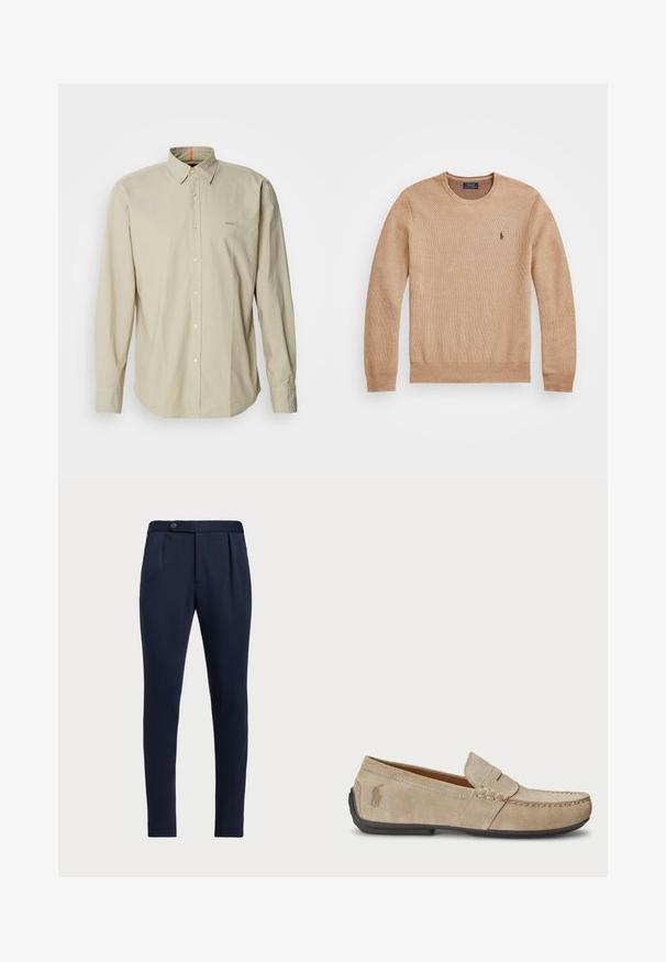 Beige gebreide trui met een ronde halslijn, geribbelde manchetten en zoom, en een klein geborduurd logo op de linker borst.; Beige overhemd met lange mouwen en knopen, voorzien van een gestructureerde kraag. Het heeft een patchzak en subtiele logo borduursel op de borst. Glad, lichtgewicht stof.; Marineblauwe op maat gemaakte broeken met een vlakke voorkant, twee plooien aan de voorzijde en een enkele knoopsluiting, gemaakt van een gladde, gestructureerde stof.; Beige suède instappers met een gestikt detail, platte rubberen zool en een klein logo aan de zijkant. Klassiek instapontwerp, zachte textuur.