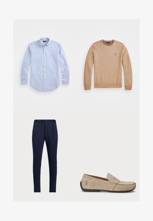 Béžový pletený svetr s kulatým výstřihem, žebrovanými manžetami a lemem a malým vyšitým logem na levém prsu.; Modrá a bílá pruhovaná košile s dlouhým rukávem na knoflíky, vybavená špičatým límečkem, zaobleným spodním lemem a vyšívaným logem na levé straně hrudi.; Námořnické modré kalhoty s přizpůsobeným střihem, plochým předním dílem, dvěma předními sklady a jedním knoflíkem na zapínání, vyrobené z hladké, texturované látky.; Béžové semišové mokasíny se šitým detailem, plochou gumovou podrážkou a malým logem na boku. Klasický design na klín, měkká textura.