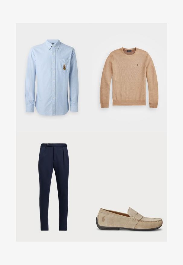 Béžový pletený svetr s kulatým výstřihem, žebrovanými manžetami a lemem a malým vyšitým logem na levém prsu.; Světle modrá košile s dlouhými rukávy, náprsní kapsou s hnědou vyšívanou zvířecí dekorací, vyrobená z měkké látky.; Námořnické modré kalhoty s přizpůsobeným střihem, plochým předním dílem, dvěma předními sklady a jedním knoflíkem na zapínání, vyrobené z hladké, texturované látky.; Béžové semišové mokasíny se šitým detailem, plochou gumovou podrážkou a malým logem na boku. Klasický design na klín, měkká textura.