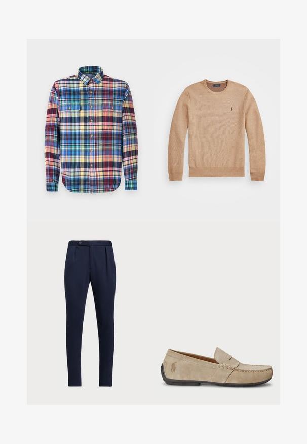 Pulover tricotat bej cu guler rotund, manșete și tiv cu nervuri, și un mic logo brodat pe pieptul stâng.; Cămașă în carouri din material multicolor, cu guler tip button-down, două buzunare pe piept și o margine curbată. Butoanele sunt de culoare maro.; Pantaloni personalizați bleumarin, cu față plată, două plinuri frontale și un sistem de închidere cu un singur nasture, având un material neted și texturat.; Loafers din suede bej, cu detalii cusute, talpă din cauciuc plat și un logo mic pe lateral. Design clasic de tip slip-on, textură moale.