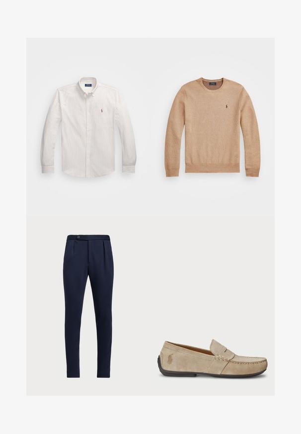 Beige strikkegenser med rund hals, ribbestrikkede mansjetter og kant, samt en liten brodert logo på venstre bryst.; Hvit skjorte med tynne vertikale striper i lys beige. Har klassisk krage, lange ermer og en liten brodert logo på brystet.; Marineblå skreddersydde bukser med flat front, to frontfolder og en enkelt knappelukking, med et glatt, teksturert stoff.; Beige mokasiner i semsket skinn med en sydd detalj, flat gummisåle og en liten logo på siden. Klassisk slip-on-design, myk tekstur.