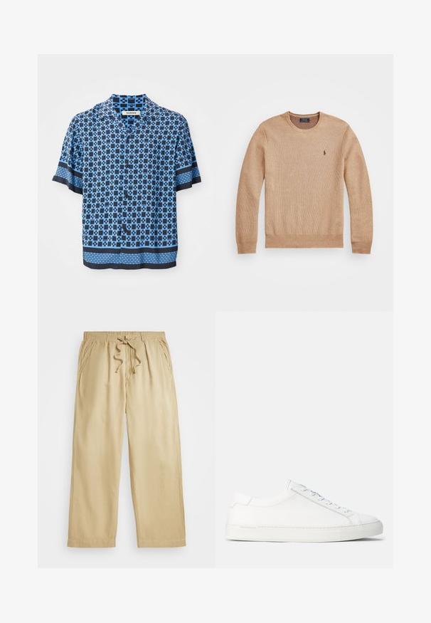 Beige strikkegenser med rund hals, ribbestrikkede mansjetter og kant, samt en liten brodert logo på venstre bryst.; Kortermet skjorte i blått og marineblått med et geometrisk mønster. Laget av lett stoff med avslappet passform og flat krage.; Beige joggebukser med snor i midjen, vide ben, to sidelommer og sømdetaljer. Myk, lett stoff.; Hvite lær sneakers med en jevn tekstur, rund form, flat gummisåle og hvite snører. Har et minimalistisk design og subtil merking.