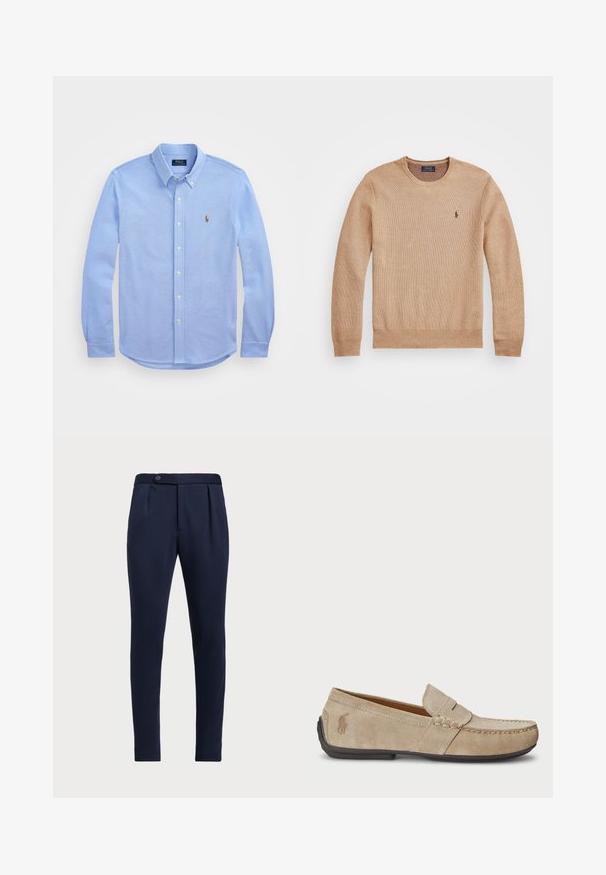 Beżowy sweter dzianinowy z okrągłym dekoltem, prążkowanymi mankietami i dołem oraz małym haftowanym logo na lewej piersi.; Jasnoniebieska koszula z długim rękawem zapinana na guziki, wykonana z miękkiej bawełny, z klasycznym kołnierzykiem i małym, haftowanym logo na klatce piersiowej.; Granatowe eleganckie spodnie z płaskim przodem, dwoma fałdami z przodu i pojedynczym zapięciem na guzik, wykonane z gładkiego, teksturowanego materiału.; Beżowe zamszowe loafersy z przeszyciem, płaską gumową podeszwą i małym logo po boku. Klasyczny model wsuwany, miękka faktura.