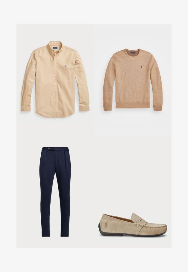 Bežinis mezginys megztinis su apvaliu iškirpimu, suplėštais rankogaliais ir apačia, bei mažas siuvinėtas logotipas kairėje krūtinės pusėje.; Šviesiai smėlio spalvos medvilninis marškinis su klasikiniu apykakliu, ilgomis rankovėmis, baltais mygtukais ir mažu mėlynu logotipu ant krūtinės.; Tamsiai mėlynos pritaikytos kelnės su lygia priekine dalimi, dviem priekinių raukšlių ir vienu mygtuko užsegimu, pagamintos iš lygaus, tekstūruoto audinio.; Beige zomšos loaferiai su siuvinėjimo detale, plokščiu guminio pado, ir mažuoju logotipu šone. Klasikinis priglaudimo dizainas, minkšta tekstūra.