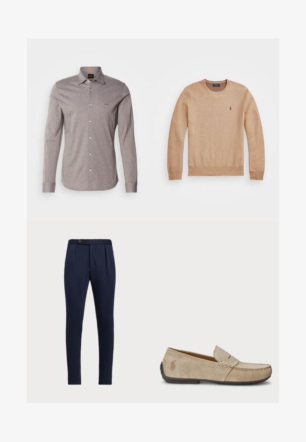 Béžový pletený svetr s kulatým výstřihem, žebrovanými manžetami a lemem a malým vyšitým logem na levém prsu.; Světle šedá košile s dlouhým rukávem a zapínáním na knoflíky, malé logo na levém prsu a bílé knoflíky. Vyrobena z hladkého materiálu s jemnou texturou.; Námořnické modré kalhoty s přizpůsobeným střihem, plochým předním dílem, dvěma předními sklady a jedním knoflíkem na zapínání, vyrobené z hladké, texturované látky.; Béžové semišové mokasíny se šitým detailem, plochou gumovou podrážkou a malým logem na boku. Klasický design na klín, měkká textura.
