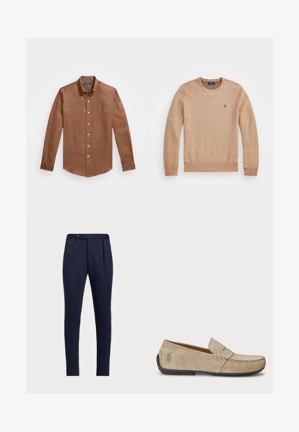 Bež pleteni pulover z okroglo izrezom, rebrastimi manšeti in robom ter majhnim vezenim logotipom na levi prsni strani.; Rjava srajca z dolgimi rokavi in gumbi, izdelana iz lanu, z klasičnim ovratnikom, sprednjimi gumbi in majhnim modrim logotipom na prsih.; Temno modri hlače po meri z ravnim sprednjim delom, dvema sprednjima pregiboma in z enim gumbom za zapiranje, iz gladkega teksturiranega materiala.; Bež nubuk loafers s šivano podrobnostjo, ravnim gumijastim podplatom in majhnim logotipom ob strani. Klasična zasnova za enostavno obuvanje, mehak material.