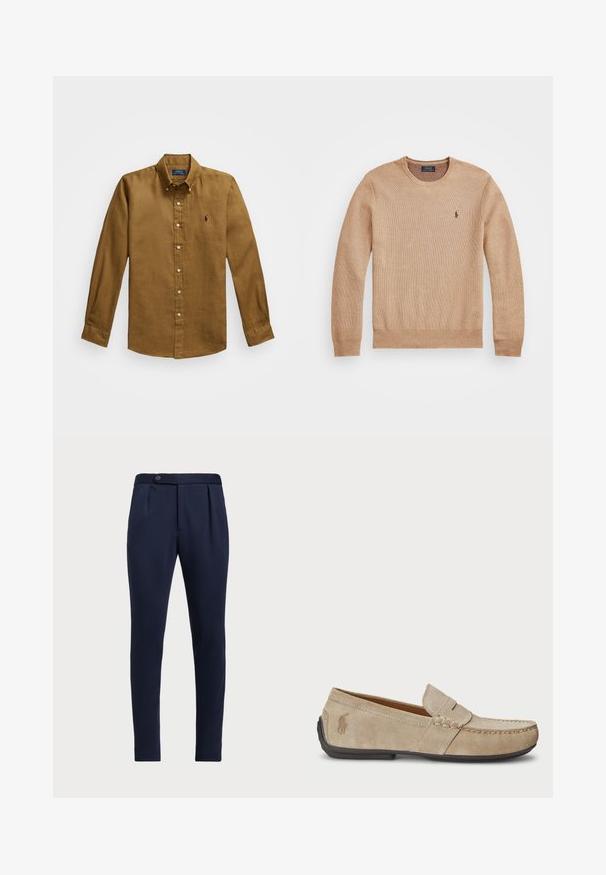 Bežani pleteni pulover s okruglim izrezom, rebrastim rukavima i donjim rubom te malim izvezenim logom na lijevoj strani prsnog koša.; Smeđi laneni košulja s dugim rukavima, dugmetima na ovratniku i malim logotipom na prsima. Ima ležeran kroj i suptilnu teksturu.; Tamno plave krojene hlače s ravnim prednjim dijelom, dva prednja nabora i jednim zatvaračem na gumb, izrađene od glatkog, teksturiranog materijala.; Bež suknjeni mokasini s prošivom, ravnim gumiranim potplatom i malim logotipom sa strane. Klasičan dizajn za jednostavno obuvanje, mekana textura.