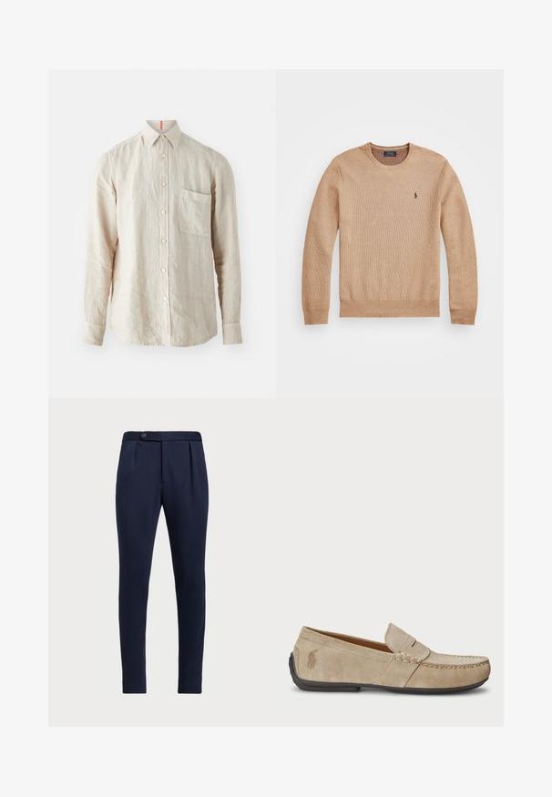Bežinis mezginys megztinis su apvaliu iškirpimu, suplėštais rankogaliais ir apačia, bei mažas siuvinėtas logotipas kairėje krūtinės pusėje.; Bežinis lininis marškinis su ilgomis rankovėmis, su mygtukų užsegimu priekyje, vienu krūtiniu kišeniu ir subtilia tekstūra. Oranžinė akcento detalė iškirptėje.; Tamsiai mėlynos pritaikytos kelnės su lygia priekine dalimi, dviem priekinių raukšlių ir vienu mygtuko užsegimu, pagamintos iš lygaus, tekstūruoto audinio.; Beige zomšos loaferiai su siuvinėjimo detale, plokščiu guminio pado, ir mažuoju logotipu šone. Klasikinis priglaudimo dizainas, minkšta tekstūra.