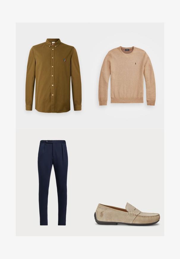 Bež pleteni pulover z okroglo izrezom, rebrastimi manšeti in robom ter majhnim vezenim logotipom na levi prsni strani.; Rjava srajca z dolgimi rokavi in kragnim ovratnikom, ki ima majhen večbarven vezen dizajn na prsih in svetle gumbe.; Temno modri hlače po meri z ravnim sprednjim delom, dvema sprednjima pregiboma in z enim gumbom za zapiranje, iz gladkega teksturiranega materiala.; Bež nubuk loafers s šivano podrobnostjo, ravnim gumijastim podplatom in majhnim logotipom ob strani. Klasična zasnova za enostavno obuvanje, mehak material.
