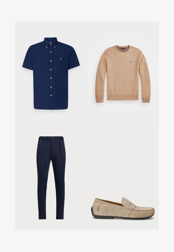 Bežs adīts džemperis ar apaļu kakla izgriezumu, ribota piedurkņu un apakšmalas, kā arī neliels izšūts logo kreisajā krūtī.; Jūras spēku īsām piedurknēm pogājams krekls ar norādītu apkakli un mazu gaiši zilu polo logotipu. Ar baltām pogām un gludu, teksturētu audumu.; Tumši zila piegriezuma bikses ar plakanu priekšpusi, diviem priekšējiem izgriezumiem un vienu pogu, ar gludu, teksturētu audumu.; Beige zamšveida loaferi ar izšūtu detaļu, platu gumijas zoli un mazu logo sānos. Klasisks viegli uzvelkamais dizains, mīksta tekstūra.