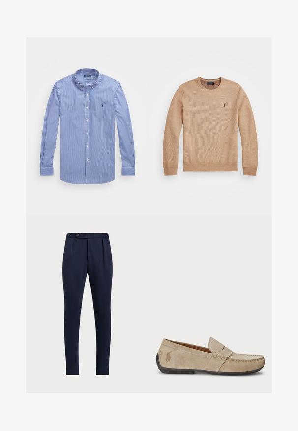 Maglione beige lavorato a maglia con scollatura rotonda, polsini e orlo a costine, e un piccolo logo ricamato sul lato sinistro del petto.; Camicia a maniche lunghe blu e bianca a righe con colletto dritto, dotata di un piccolo logo e chiusura con bottoni. Tessuto in cotone, texture liscia.; Pantaloni eleganti blu navy con fronte piatto, due pince anteriori e chiusura con un bottone, realizzati in un tessuto liscio e con una texture.; Mocassini in suede beige con dettaglio cucito, suola piatta in gomma e piccolo logo sul lato. Design classico slip-on, texture morbida.