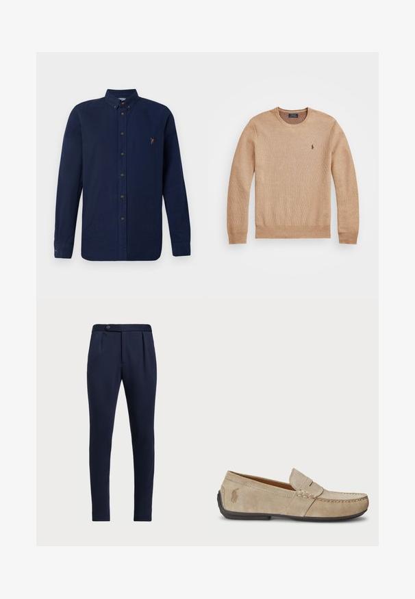 Vaahtokarkkien värinen neulepusero, jossa on pyöreä kaula-aukko, ribbatut hihansuut ja helma sekä pieni brodeerattu logo vasemmassa rinnassa.; Merenkallon pitkähihaisten napitettujen paitojen, jotka on valmistettu puuvillasta, kauluksella, ruskeilla napituksilla ja pienellä monivärisellä logolla vasemmassa rinnassa.; Navy siniset räätälöidyt housut, joissa on tasainen etu, kaksi etupuolelle ommeltua laskosta ja yksi nappisulku, valmistettu sileästä, teksturoidusta kankaasta.; Beige mokasíny z semišu s prešívaním, plochou gumovou podrážkou a malým logom na boku. Klasický dizajn na obutie, jemná textúra.