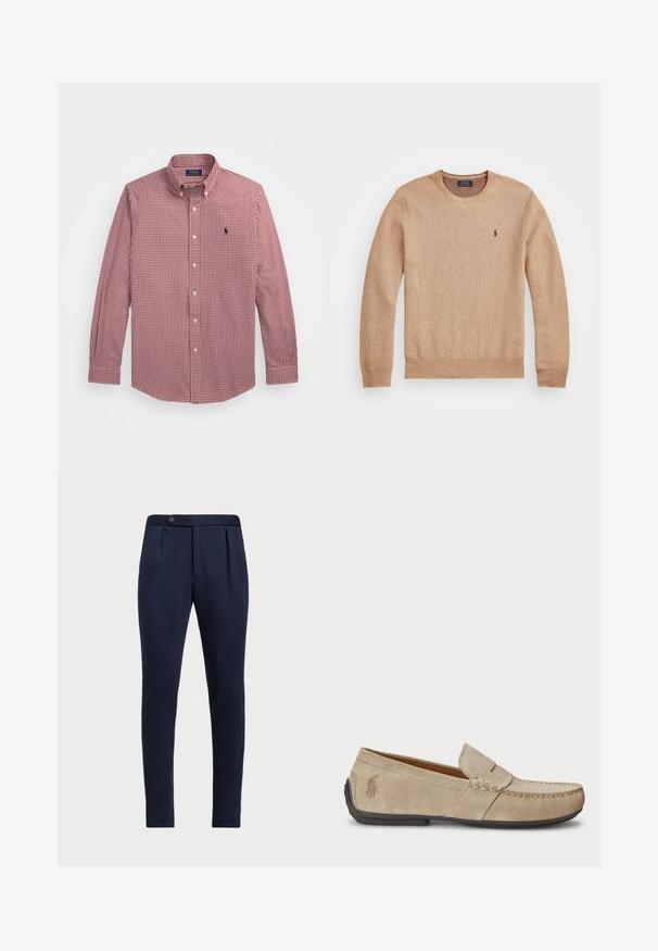 Sweater de malha bege com decote redondo, punhos e bainha canelados, e um pequeno logótipo bordado no lado esquerdo do peito.; Polo Ralph Lauren CUSTOM FIT GINGHAM STRETCH POPLIN SHIRT - Camisa - classic wine/white; Calças ajustadas azul-marinho com frente lisa, duas pregas frontais e fecho de botão único, apresentando um tecido liso e texturizado.; Mocassins de camurça beiges com um detalhe costurado, sola de borracha plana e um pequeno logotipo de lado. Design clássico de calçar, textura suave.