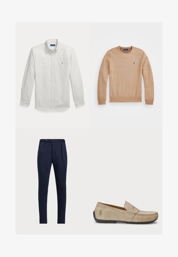 Bež pleteni pulover z okroglo izrezom, rebrastimi manšeti in robom ter majhnim vezenim logotipom na levi prsni strani.; Prugasta srajca s gumbi v svetlo zeleni in beli barvi; ima klasičen ovratnik, dolge rokave in majhen izvezen logo na prsih.; Temno modri hlače po meri z ravnim sprednjim delom, dvema sprednjima pregiboma in z enim gumbom za zapiranje, iz gladkega teksturiranega materiala.; Bež nubuk loafers s šivano podrobnostjo, ravnim gumijastim podplatom in majhnim logotipom ob strani. Klasična zasnova za enostavno obuvanje, mehak material.