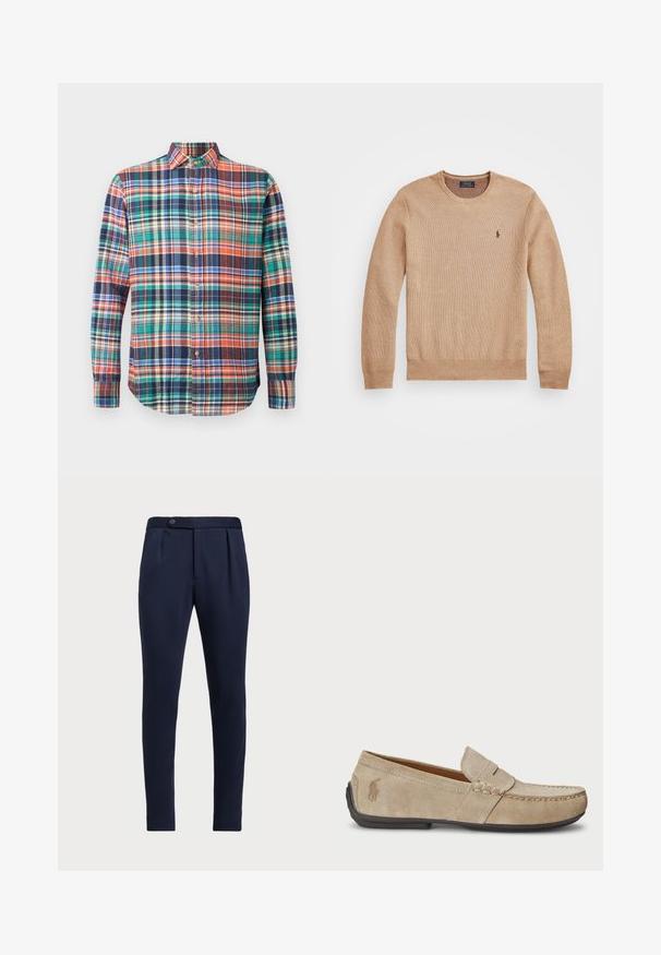 Bežový pletený sveter s okrúhlym výstrihom, rebrovanými manžetami a spodným lemom, a malým vyšitým logom na ľavej hrudi.; Košeľa s dlhým rukávom, s gombíkmi, s viacfarebným kostkovaným vzorom v oranej, zelenej, modrej, námorníckej a krémovej farbe na jednofarebnom pozadí.; Námořnické modré kalhoty na míru s plochým předním dílem, dvěma pokládanými záhyby a jednořadým knoflíkovým zapínáním, vyrobené z hladké texturované tkaniny.; Béžové semišové mokasíny s prešívaním, plochou gumenou podrážkou a malým logom na strane. Klasický dizajn na obúvanie, mäkká textúra.