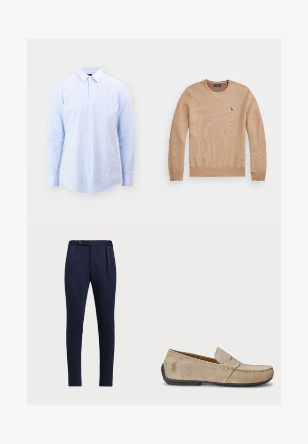 Bež pleteni pulover z okroglo izrezom, rebrastimi manšeti in robom ter majhnim vezenim logotipom na levi prsni strani.; Sveto modra srajca z gumbi z navpičnim črtastim vzorcem in subtilnimi cvetličnimi akcenti. Ima klasičen ovratnik in dolge rokave.; Temno modri hlače po meri z ravnim sprednjim delom, dvema sprednjima pregiboma in z enim gumbom za zapiranje, iz gladkega teksturiranega materiala.; Bež nubuk loafers s šivano podrobnostjo, ravnim gumijastim podplatom in majhnim logotipom ob strani. Klasična zasnova za enostavno obuvanje, mehak material.